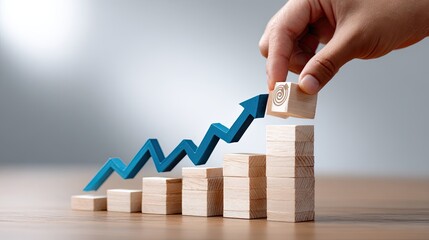 A hand places a wooden block with an upward-pointing arrow symbol onto a growing stack of wooden blocks, representing an upward trend