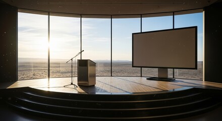 Empty stage with podium and projection screen overlooking city at sunset