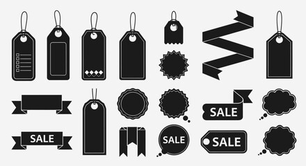 A comprehensive collection of black vector price tags, sale labels, and decorative ribbons ideal for promoting discounts and special offers.