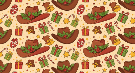 A charming seamless pattern features festive cowboy hats adorned with holly and berries, surrounded by cheerful holiday gifts and sweet treats, perfect for seasonal celebrations.