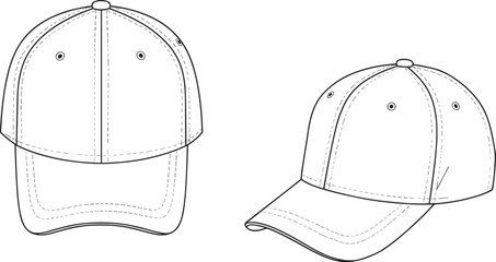 Baseball cap technical flat sketch front and side view, classic sports hat fashion accessory design, cad drawing flat vector illustration