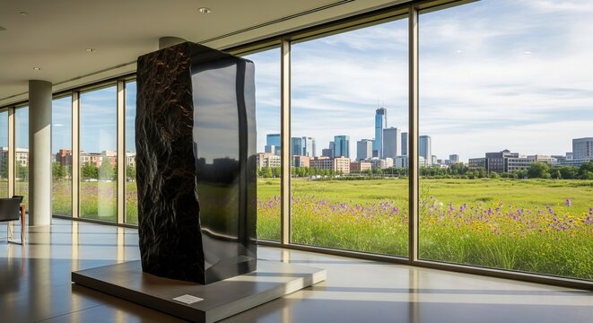 Modern art sculpture inside building with cityscape view through large windows