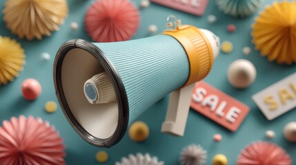 Colorful flat lay of megaphone and sale tags creative background marketing promotion vibrant environment top-down view