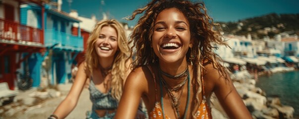 Two women enjoying outdoor cycling on a sunny day near scenic coastal houses