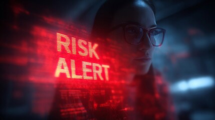 A focused woman with glasses looks thoughtfully at a glowing 'RISK ALERT' screen, embodying the theme of cybersecurity and vigilance.