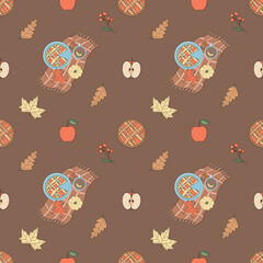 Seamless pattern with pie, tea cup, apples and leaves
