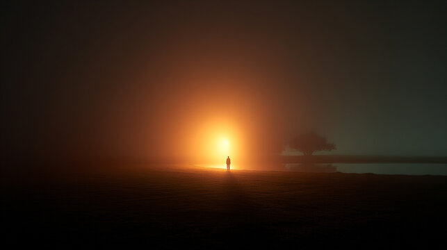 A faceless figure with a glowing silhouette walks into foggy sunlight, creating a mysterious, ethereal scene of light, shadow, and surreal atmosphere. - Powered by Adobe