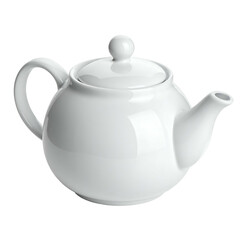 Obraz premium White porcelain teapot with lid and handle on black background.