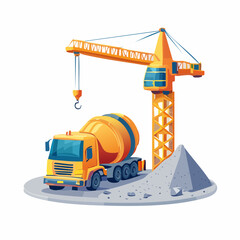 Construction scene illustration with cement truck crane and materials isolated