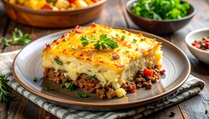 A delicious serving of traditional shepherd's pie with a golden-brown mashed potato topping on a rustic plate.