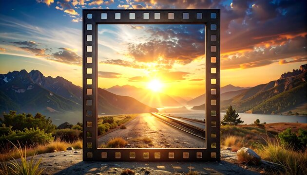 A film frame showcases a stunning sunrise view over a winding road