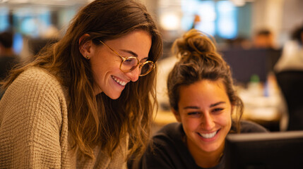 Coworker Assisting Colleague with Warm Smiles in Office