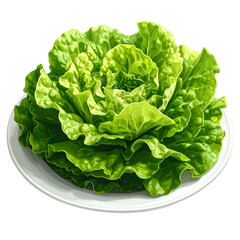 Fresh green lettuce head sits on a white plate against a black background.