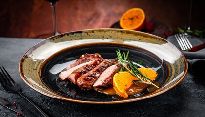 Sliced duck breast with orange and rosemary, elegantly presented on a dark plate in a fine dining setting.