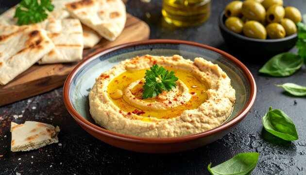 A delicious bowl of creamy homemade hummus topped with olive oil, paprika, and parsley, served with pita bread and olives. - Powered by Adobe