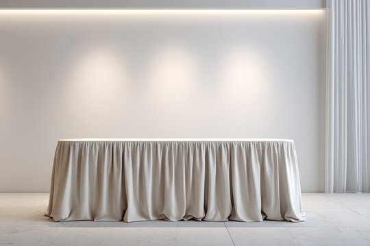Empty beige draped table against a white wall