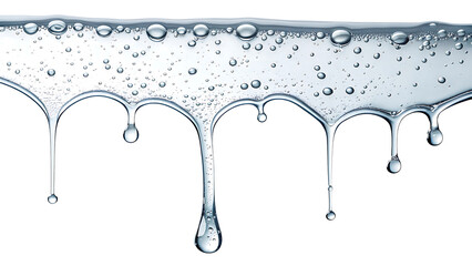 Clear Liquid Dripping with Bubbles Against Black Background Represents Purity and Hydration Concepts