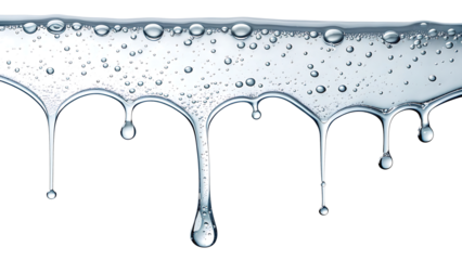 Clear Liquid Dripping with Bubbles Against Black Background Represents Purity and Hydration Concepts