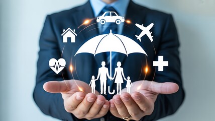 Man holding umbrella protecting family, house, car, airplane, and medical symbol, concept of insurance and security