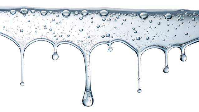 Clear Liquid Dripping with Bubbles Against Black Background Represents Purity and Hydration Concepts