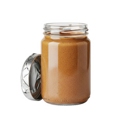 Delicious homemade peanut butter in glass jar with lid, creamy nut butter spread, healthy food, organic snack, breakfast ingredient, isolated on transparent background