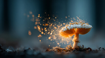 Fototapeta premium A glowing mushroom emits sparkling particles in a misty, enchanted forest. Soft luminescence illuminates the fog, creating a magical, hyperrealistic scene filled with ethereal light and whimsical atmo