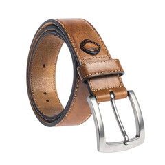 A handsome brown leather belt with a brushed metal buckle.