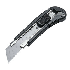 Utility knife with a retractable segmented blade against black background.