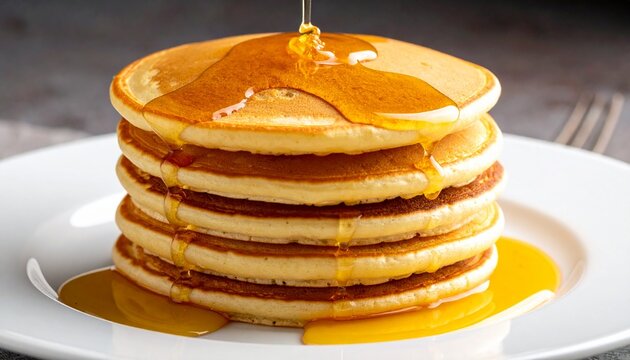 A delicious stack of fluffy golden pancakes being drizzled with sweet maple syrup on a white plate. - Powered by Adobe