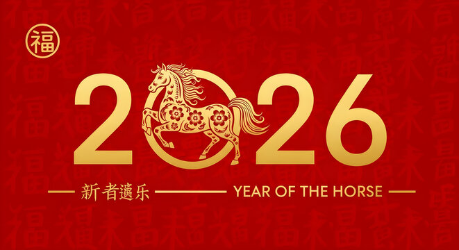 2026 year of the horse symbol on red background with gold text