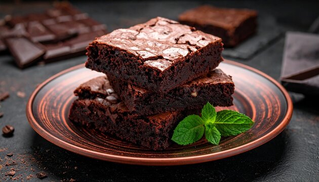 A stack of three rich, fudgy chocolate brownies topped with fresh mint leaves on a rustic plate, with broken chocolate pieces in the background. - Powered by Adobe