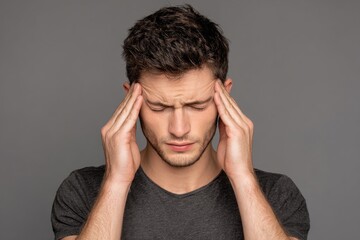 Naklejka premium Tired Young Man Pressing Temples in Simple Gray T-Shirt