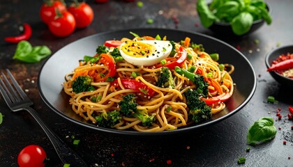 A delicious plate of vegetable stir-fried noodles topped with a boiled egg and sesame seeds, garnished with fresh basil and cherry tomatoes.