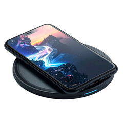 Modern smartphone charges wirelessly on a circular pad.