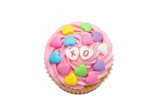 Delicious pink frosted cupcake with heart shaped sprinkles and xo message valentine's day treat isolated on transparent background