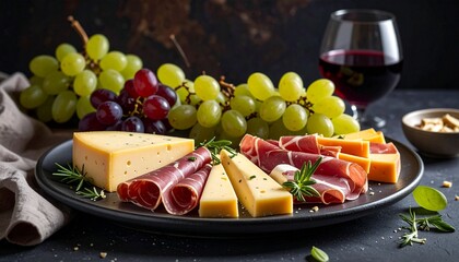 A gourmet cheese and charcuterie board with grapes and red wine, artfully arranged on a dark surface.