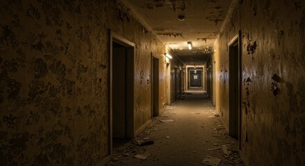 Fototapeta premium Decayed Hallway: Peeling Wallpaper and Dim Lights in Abandoned Building