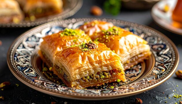 Close-up shot of delicious baklava pastries with nuts and syrup on a decorative plate.