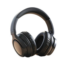 A black circumaural headphone rests against a dark background.