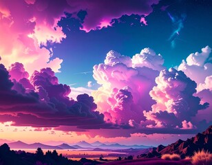 Colorful Sunset Sky With Pink And Purple Clouds Over Mountain Landscape In Vibrant Evening Light And Peaceful Natural Scenery
