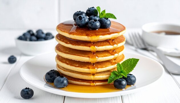 A tall stack of fluffy pancakes drizzled with golden syrup and topped with fresh blueberries and mint leaves.
