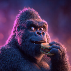 Gorilla eating burger with playful expression in colorful light