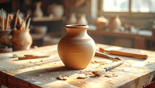Clay pot and pottery tools on wooden table