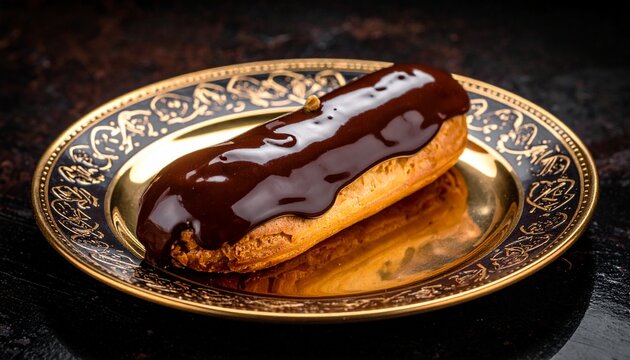 A single decadent chocolate eclair with a glossy glaze, served on an ornate golden plate against a dark background.