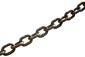 Heavy rusted metal chain with visible weathering and age isolated on a stark black background concept of strength and security
