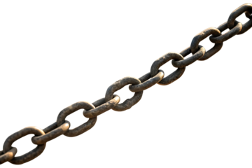 Heavy rusted metal chain with visible weathering and age isolated on a stark black background concept of strength and security