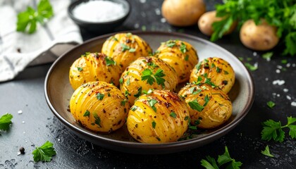 Delicious Hasselback potatoes garnished with fresh parsley and spices, served on a dark plate.