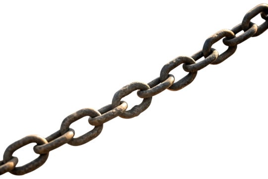 Heavy rusted metal chain with visible weathering and age isolated on a stark black background concept of strength and security