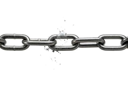 Broken metal chain representing strength weakness and freedom on a black background indicating overcoming obstacles and challenges