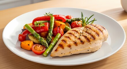 A perfectly grilled chicken breast served alongside a colorful medley of roasted vegetables including asparagus, bell peppers, and cherry tomatoes, presented on a white plate.